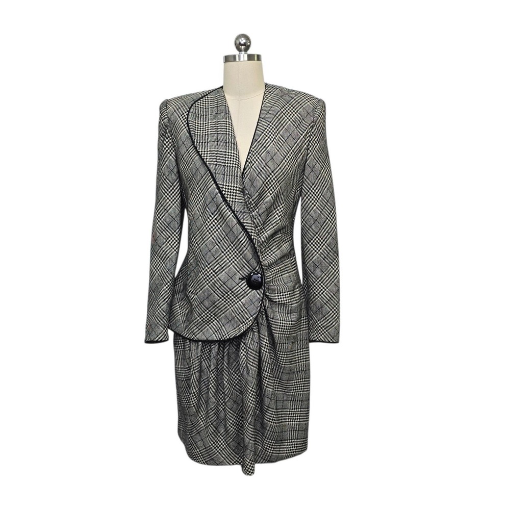 Lanvin Paris Vintage 100% Wool Glen Plaid Faux Wrap Suit Dress Black White 42